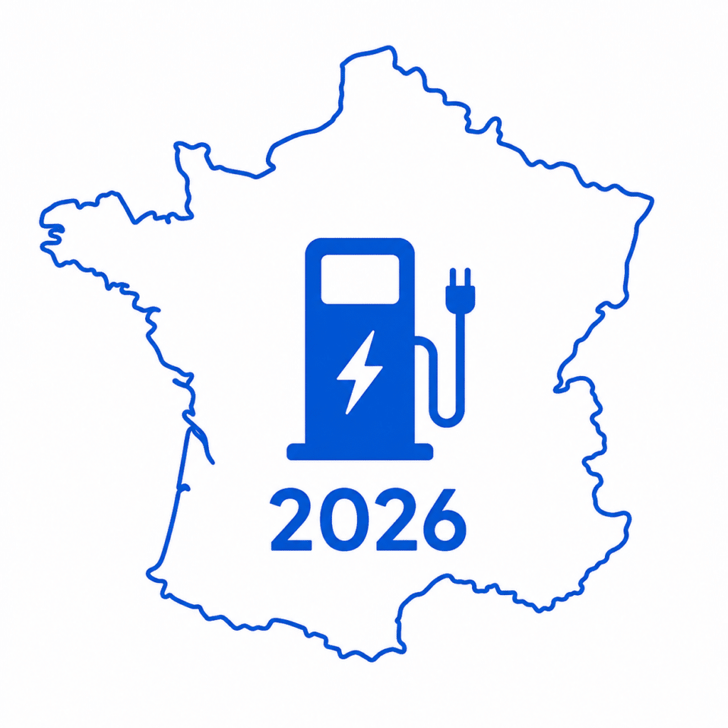 Borne recharge électrique France 2026 : objectifs mobilité Carte de France bleue avec icône de borne de recharge électrique et l'année 2026.