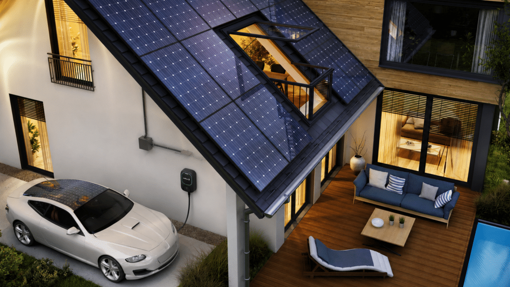 Panneaux Solaires et Voiture Électrique : Maison Écologique Maison écologique avec panneaux solaires, voiture électrique en charge, terrasse moderne et piscine au crépuscule.